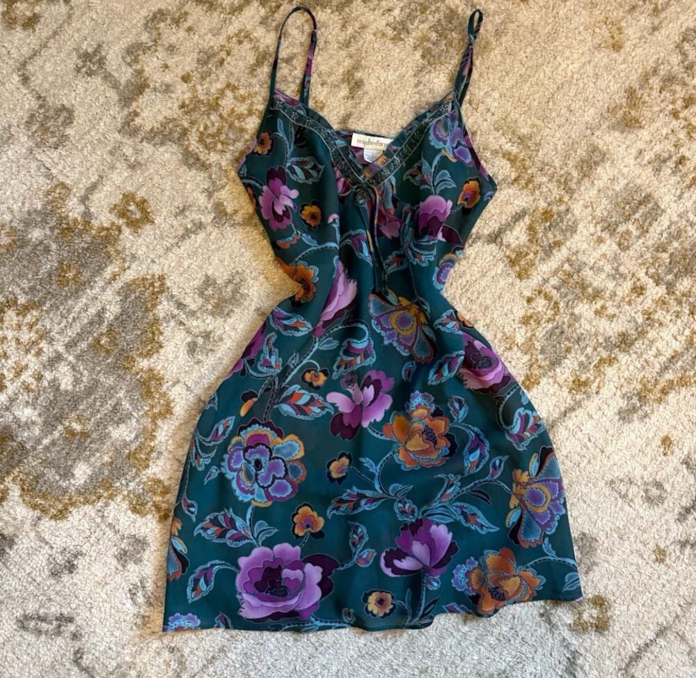VTG Maidenform Satin Green Teal Purple Pink Floral Slip Mini Dress L